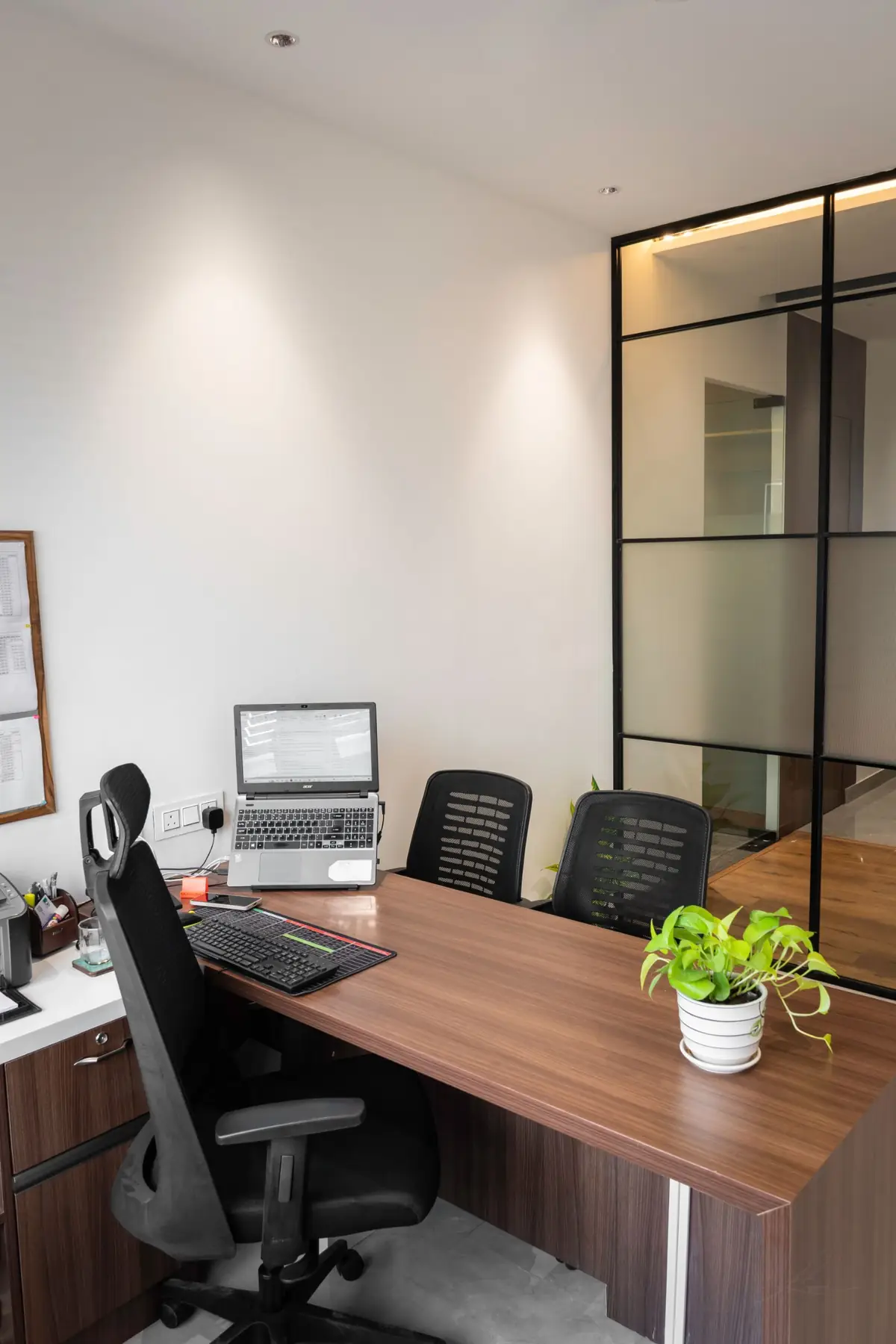 Executive office desk with laptop and plant